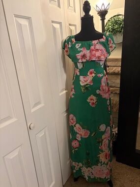New York & Company Green Maxi Dress with Pink Floral Print